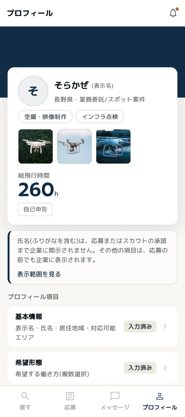 プロフィール編集画面(表示例)
